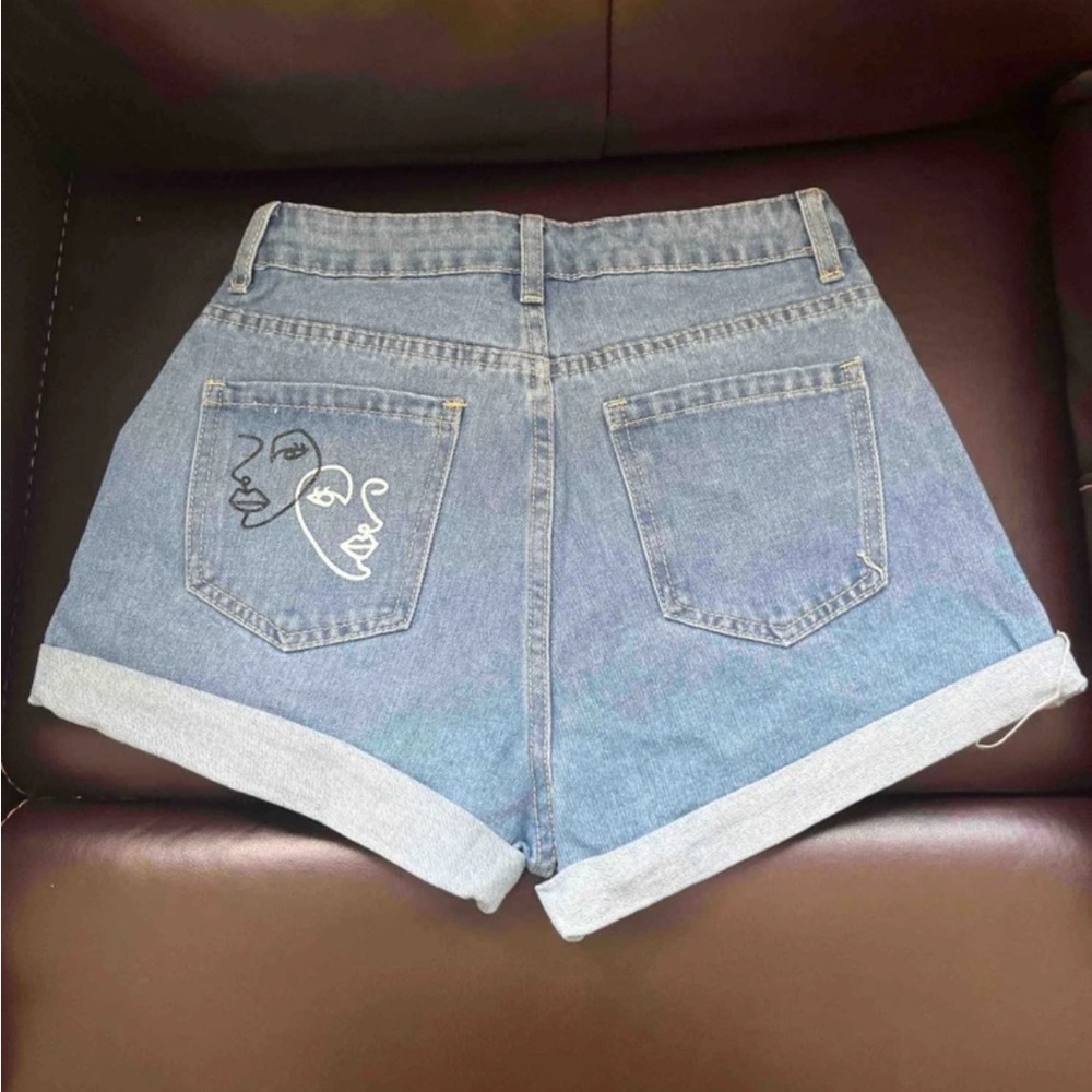 Embroidered Denim Shorts with Face Design